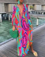Colorful Print V-Neck Loose Retro Comfortable Maxi Dress